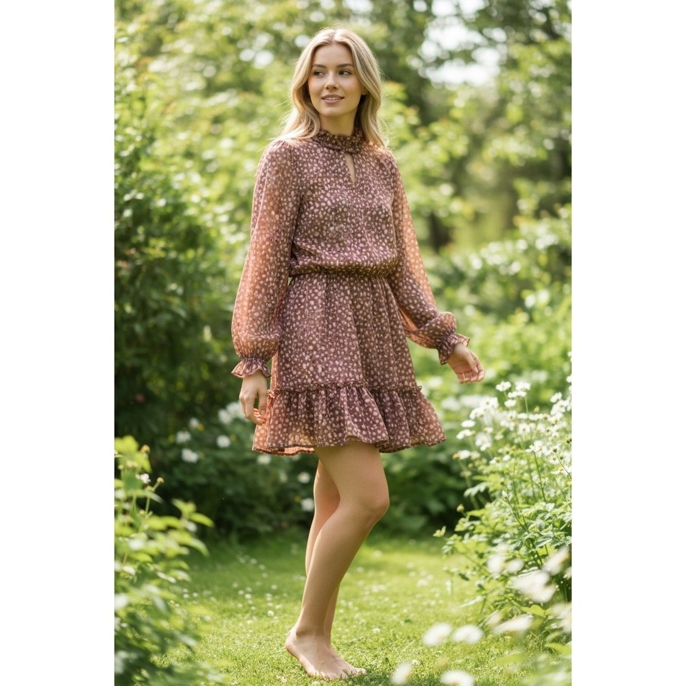 Peach Love California Floral Mini Dress M‎ Metallic Ruffle Boho Cottagecore